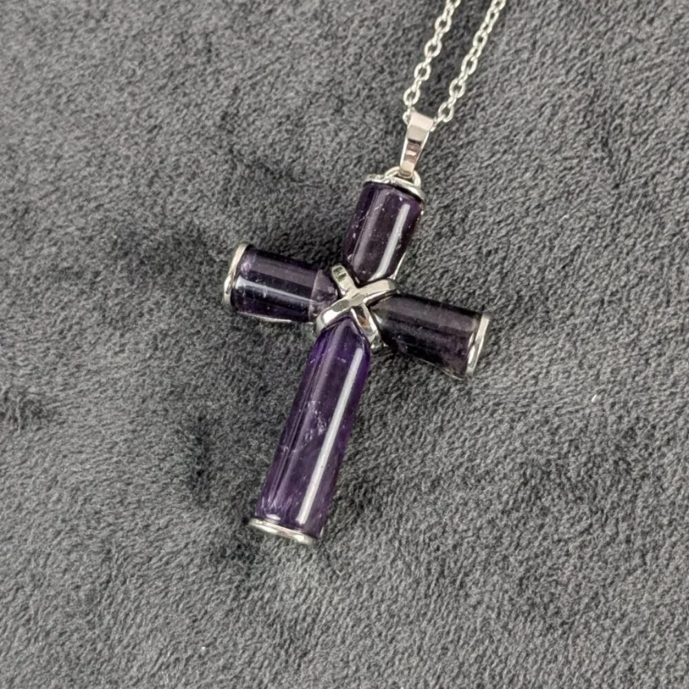 Amethyst and silver color cross pendant, free chain, unisex women men